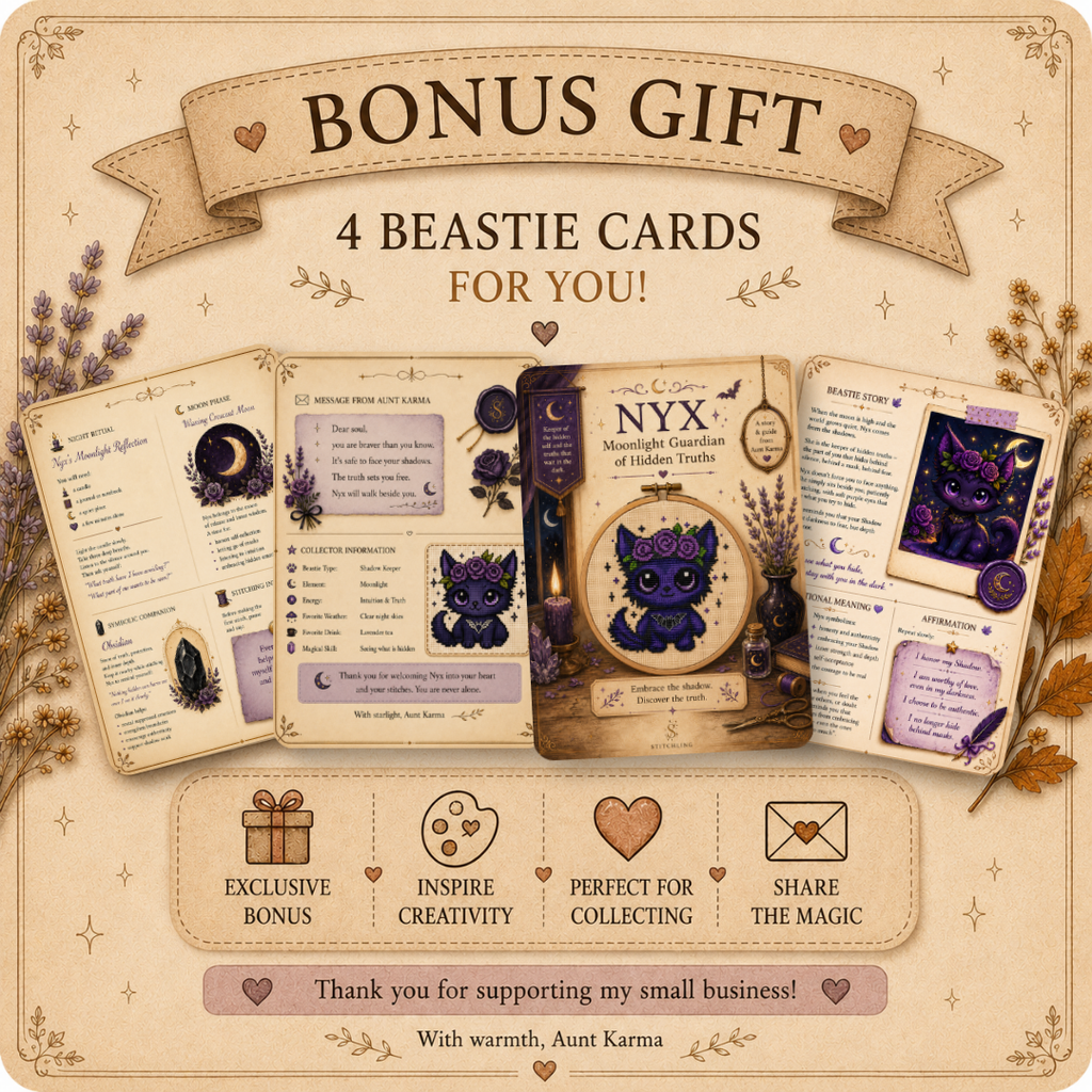 Bonus Beastie story card featuring Nyx the Moonlit Guardian, printable fantasy collector card included with cross stitch pattern bundle, magical creature artwork, affirmations, lore, and moonlit gothic aesthetic.