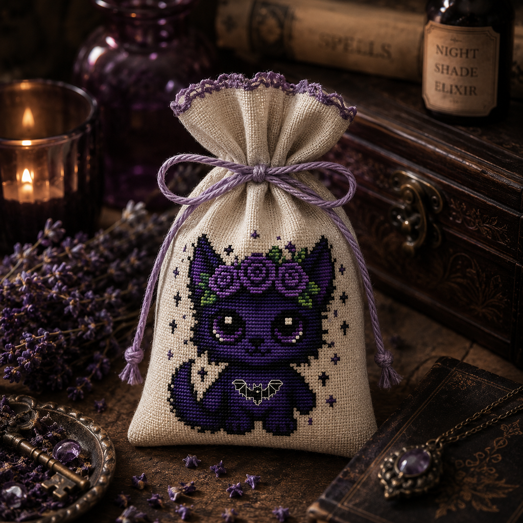 Nyx the Moonlit Beast cross stitch design displayed on a handmade linen sachet bag, gothic fantasy embroidery gift and dark cottagecore decor idea