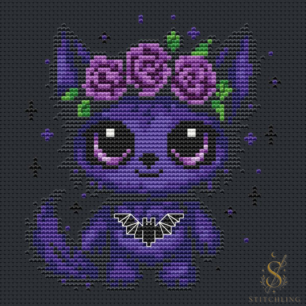 Nyx the Moonlit Beast gothic fox cross stitch pattern displayed on a dark background, fantasy embroidery design with purple roses