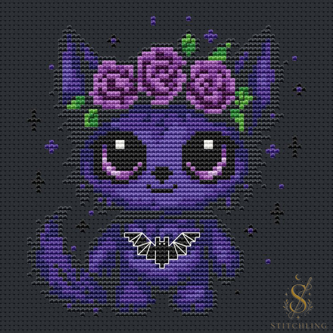 Nyx the Moonlit Beast gothic fox cross stitch pattern displayed on a dark background, fantasy embroidery design with purple roses