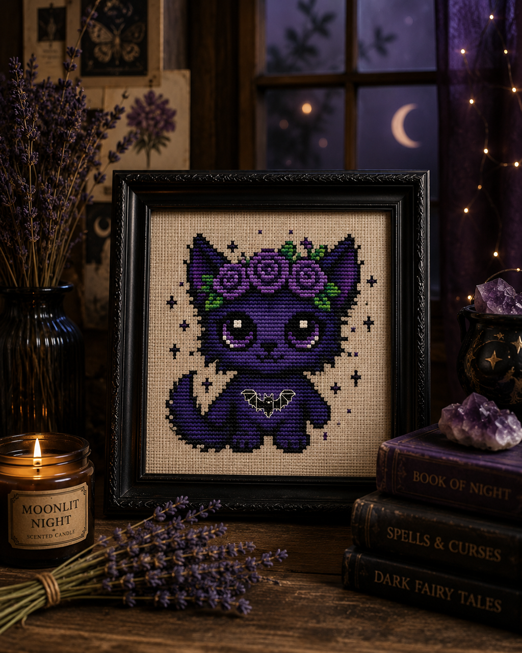 Nyx the Moonlit Beast framed cross stitch artwork featuring a purple gothic fox with roses, fantasy embroidery wall decor for witchy interiors