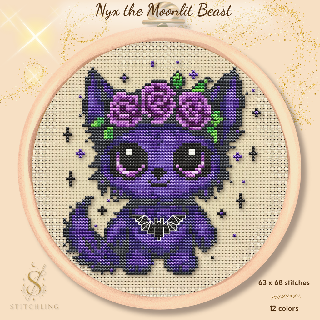 Nyx the Moonlit Beast cross stitch pattern PDF featuring a cute purple fantasy fox with gothic roses, counted cross stitch design for fantasy and cottagecore embroidery lovers