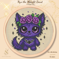 Nyx the Moonlit Beast cross stitch pattern PDF featuring a cute purple fantasy fox with gothic roses, counted cross stitch design for fantasy and cottagecore embroidery lovers
