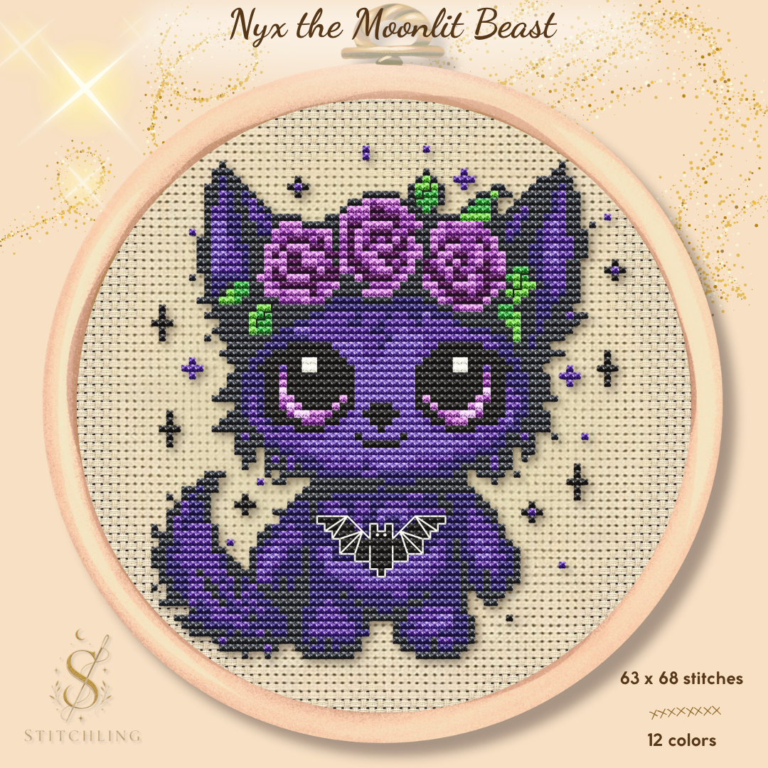 Nyx the Moonlit Beast cross stitch pattern PDF featuring a cute purple fantasy fox with gothic roses, counted cross stitch design for fantasy and cottagecore embroidery lovers