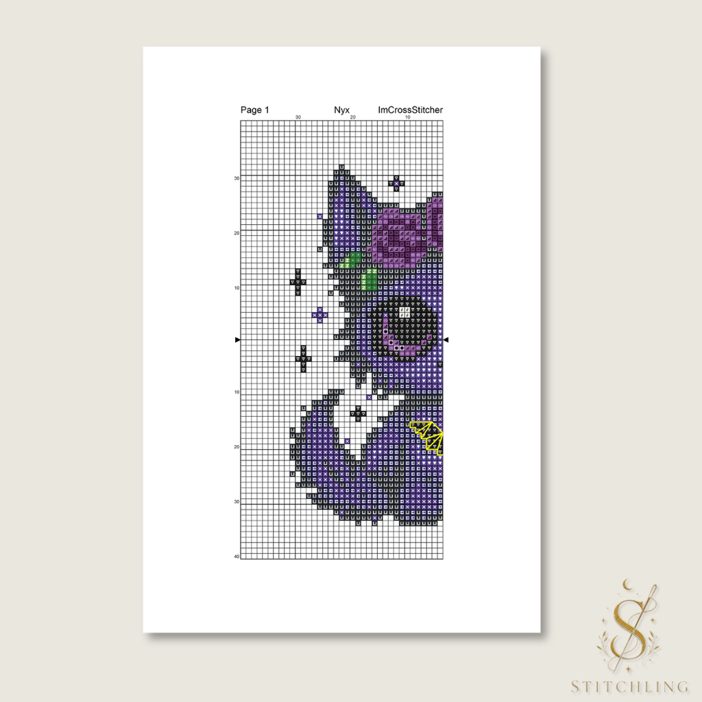 Pattern Keeper compatible cross stitch chart preview for Nyx the Moonlit Beast gothic fox embroidery pattern PDF