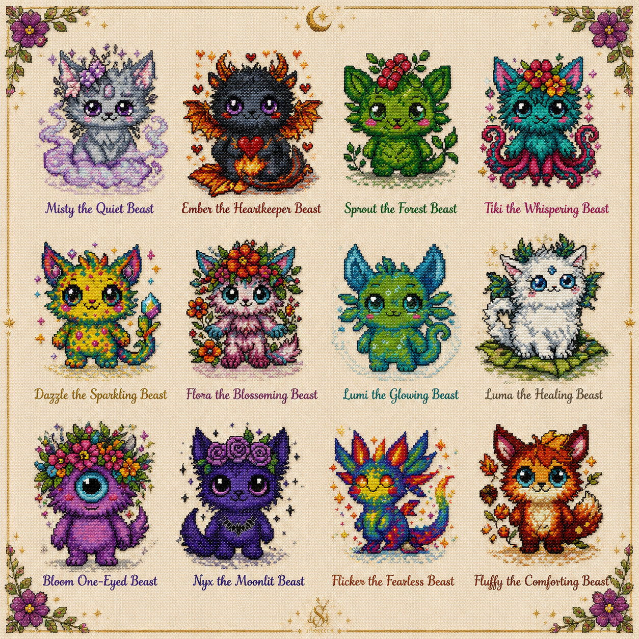 Colorful fantasy cross stitch bundle featuring Ember, Lumi, Dazzle, Flicker, Misty, Luma, Fluffy, Bloom, Flora, Nyx, Sprout, Tiki Beasties  12 PDF embroidery patterns with 48 printable story cards and magical companion collectibles.
