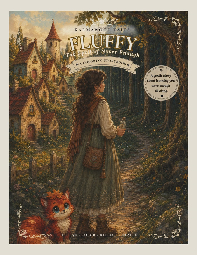 Fluffy – The Spell of Never Enough Coloring Storybook cover featuring a young woman walking from a cozy fantasy village into an enchanted forest with Fluffy, a cute fox-like magical companion, in a warm woodland cottagecore illustration.