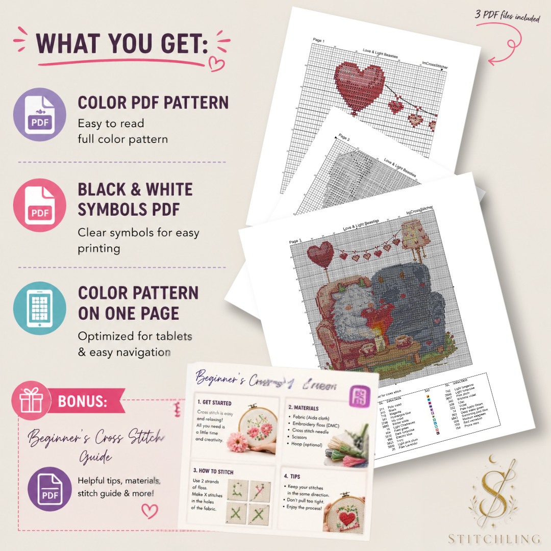 Romantic Beasties Love Duo cross stitch PDF pattern bundle including color chart, black and white symbols, stitching guide and instant digital download