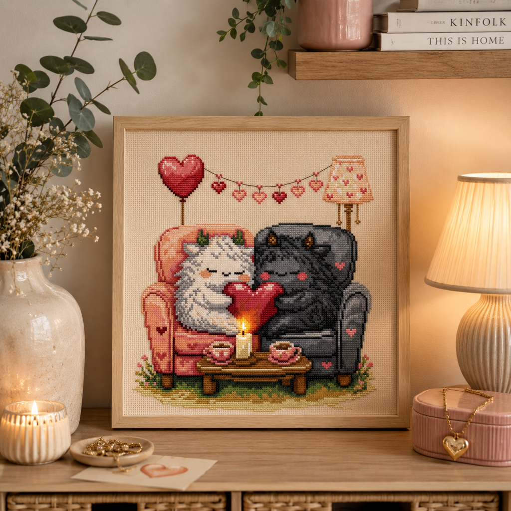 Romantic fantasy creature cross stitch wall art displayed in a cozy cottagecore interior with warm candlelight and soft decor