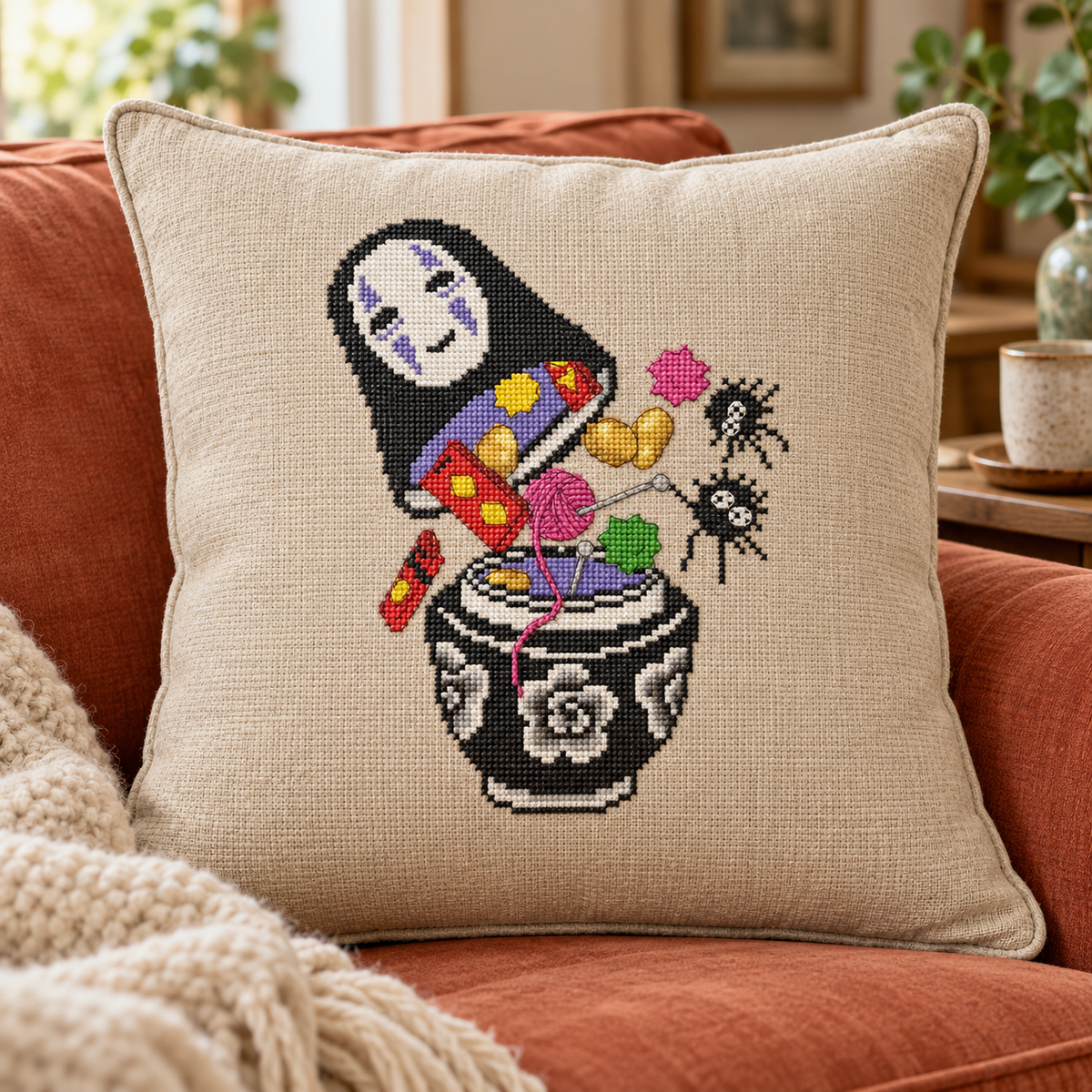Linen cushion with a cross stitched masked spirit, pink yarn, and soot sprites above a patterned pot, displayed on a terracotta sofa beside a cream knitted throw.