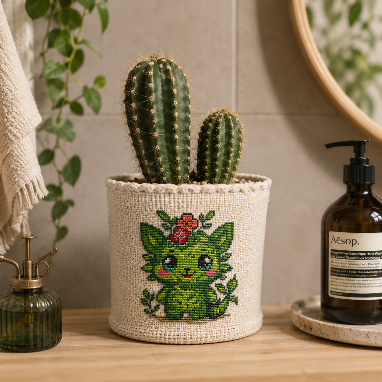 Sprout Beastie cross stitch pattern stitched on a fabric bathroom organizer, nature inspired fantasy embroidery project and handmade gift idea.