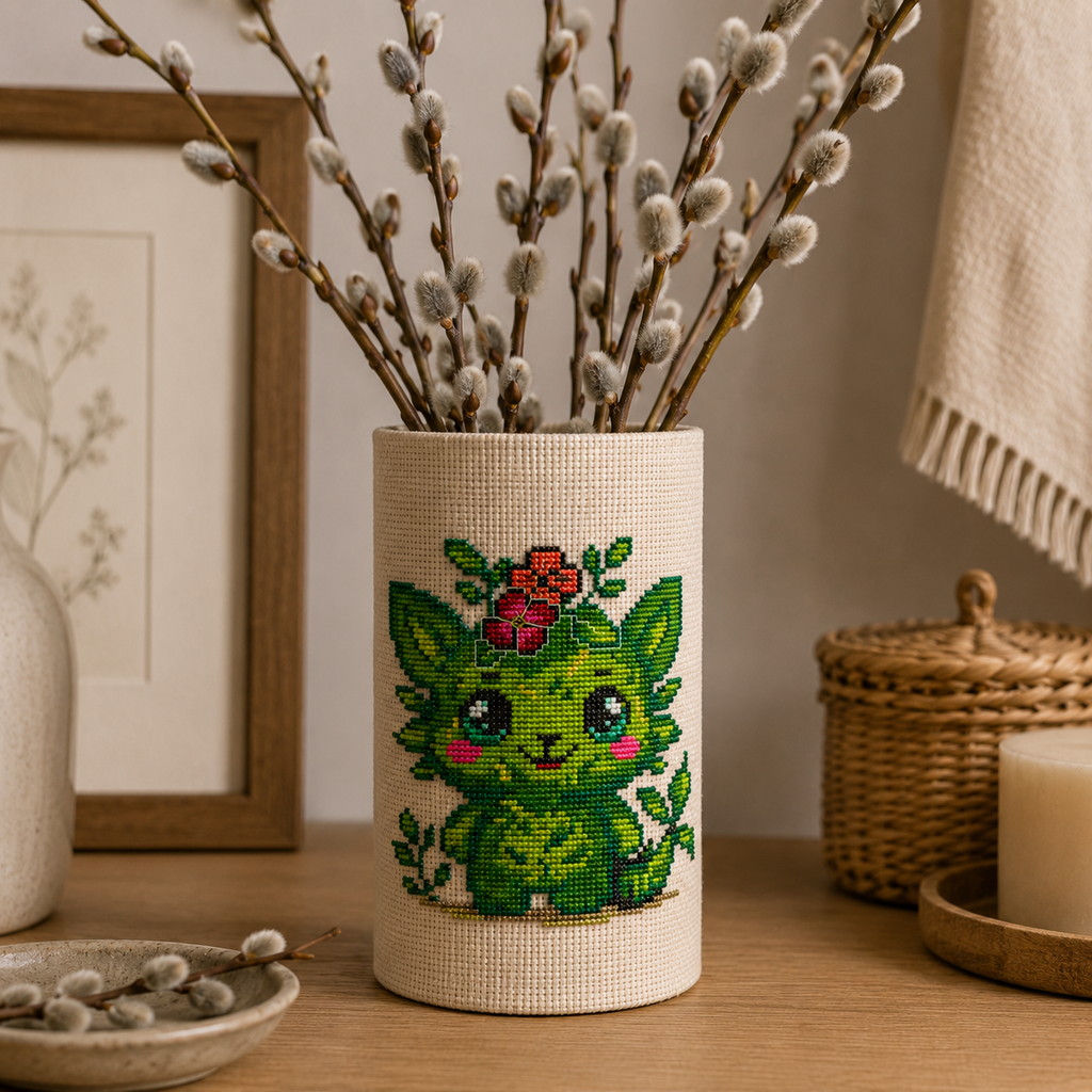Sprout Beastie cross stitch pattern stitched on a fabric organizer, green fantasy creature embroidery and botanical home decor idea.