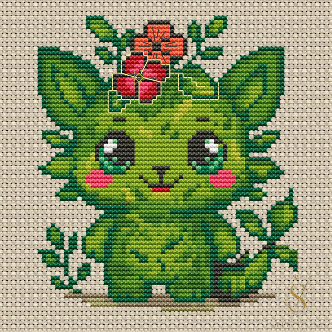 Sprout Beastie cross stitch pattern featuring a green nature spirit creature with berries and botanical fantasy embroidery design.