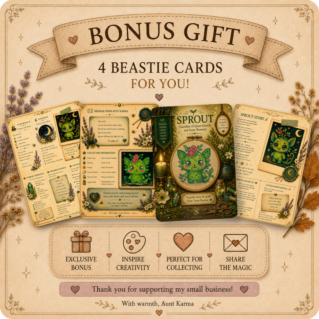 Bonus printable Sprout Beastie story cards featuring character story, floral symbolism, affirmations, tea ritual and magical companion guide.