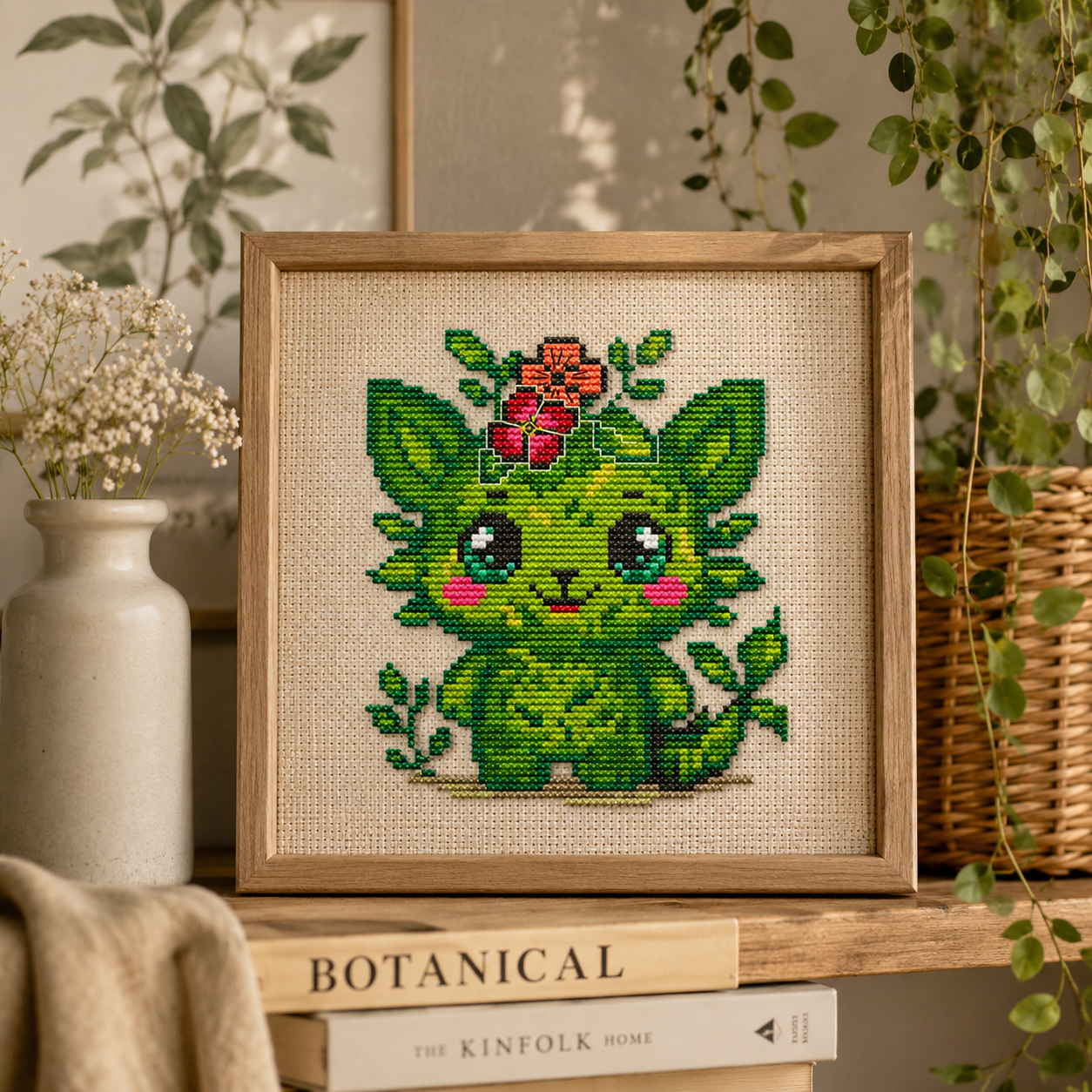 Sprout the Growing Beast botanical cross stitch displayed in a wooden frame, featuring a cute green nature spirit with leaves and flowers, fantasy embroidery wall art for cottagecore decor