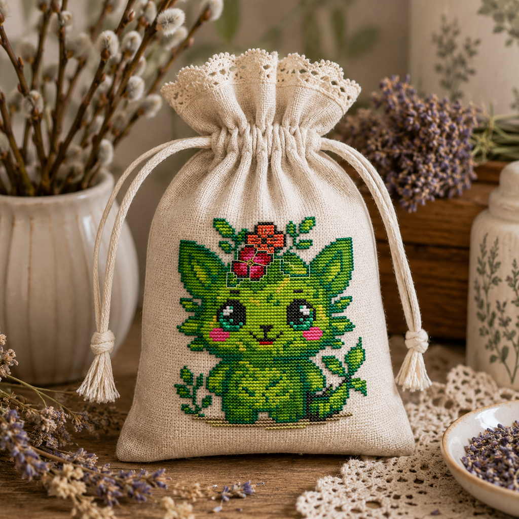 Sprout the Growing Beast botanical cross stitch embroidered on a linen lavender sachet bag, featuring a cute green forest spirit and nature inspired cottagecore embroidery design