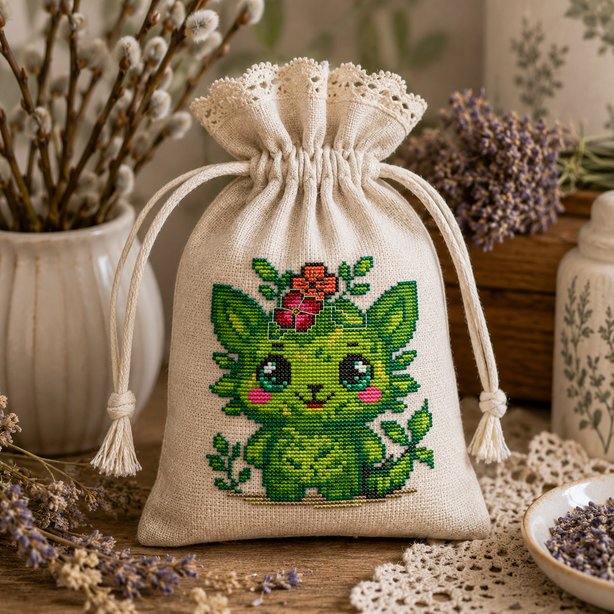 Sprout the Growing Beast botanical cross stitch embroidered on a linen lavender sachet bag, featuring a cute green forest spirit and nature inspired cottagecore embroidery design