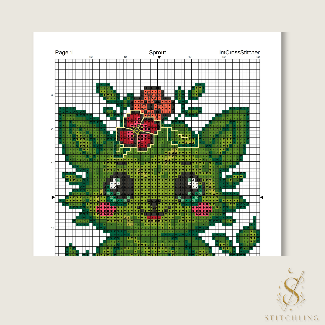 Pattern Keeper compatible chart for Sprout the Growing Beast cross stitch pattern with easy-to-follow counted embroidery symbols and color blocks