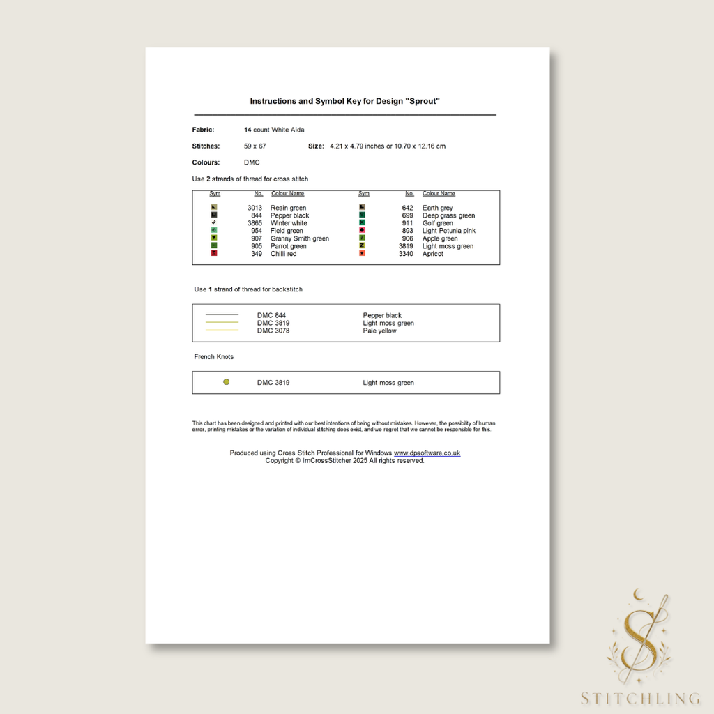 PDF cross stitch pattern information page for Sprout the Growing Beast including stitch count, DMC color list, finished size and embroidery details