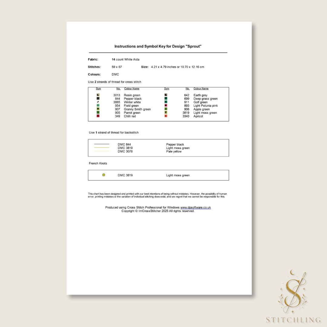 PDF cross stitch pattern information page for Sprout the Growing Beast including stitch count, DMC color list, finished size and embroidery details