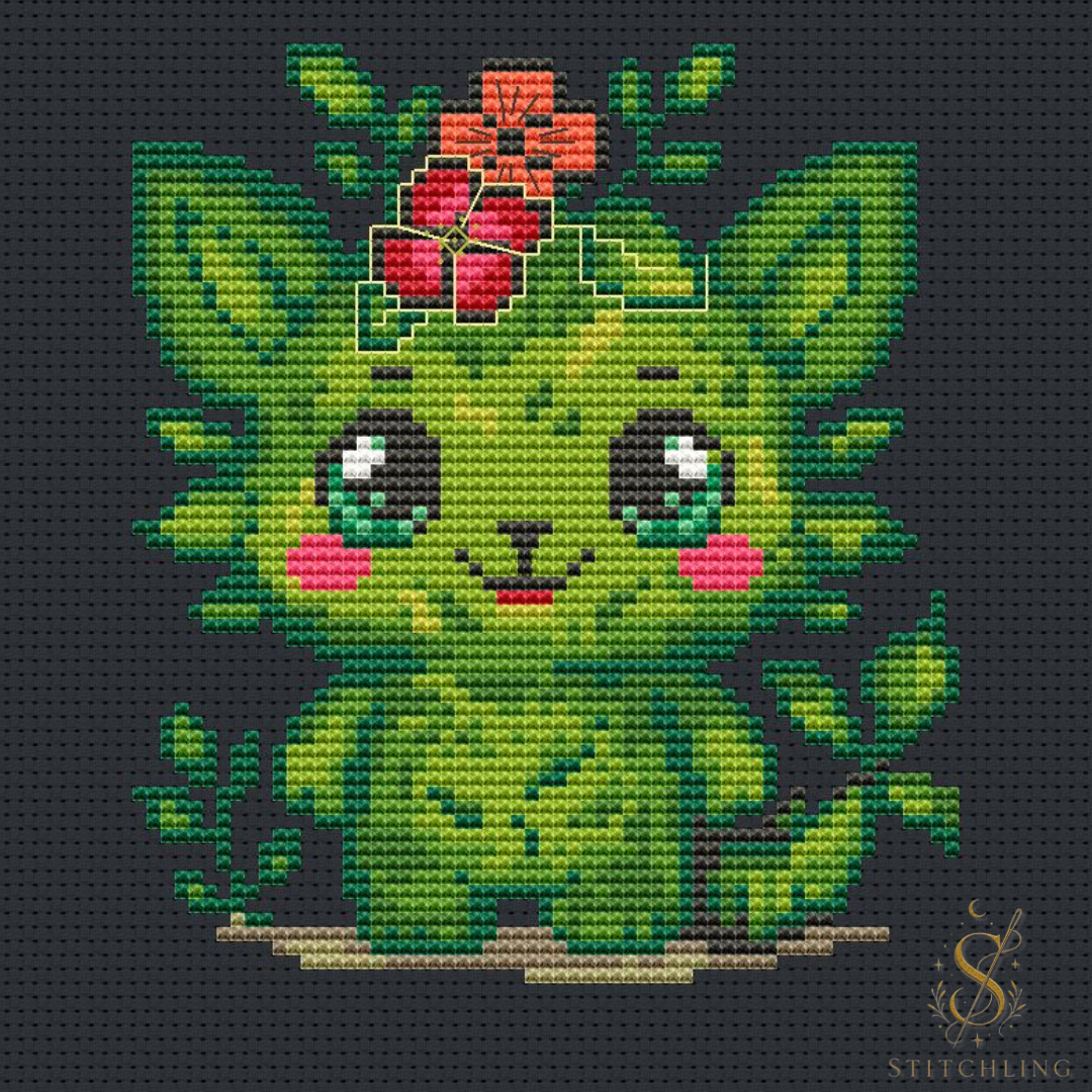 Sprout the Growing Beast cross stitch design preview on dark fabric background featuring a green nature spirit creature with leaves and flowers, botanical fantasy embroidery artwork