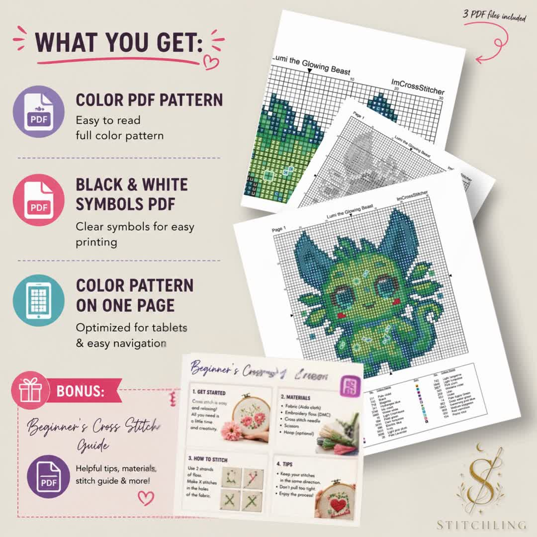 Sprout the Growing Beast cross stitch pattern bundle including PDF chart, Pattern Keeper file, color guide, stitching instructions and bonus embroidery extras