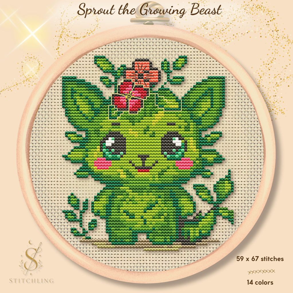 Sprout the Growing Beast cross stitch pattern featuring a cute green fantasy creature with leaves and flowers, botanical embroidery design, PDF counted cross stitch chart for nature lovers