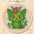Sprout the Growing Beast cross stitch pattern featuring a cute green fantasy creature with leaves and flowers, botanical embroidery design, PDF counted cross stitch chart for nature lovers