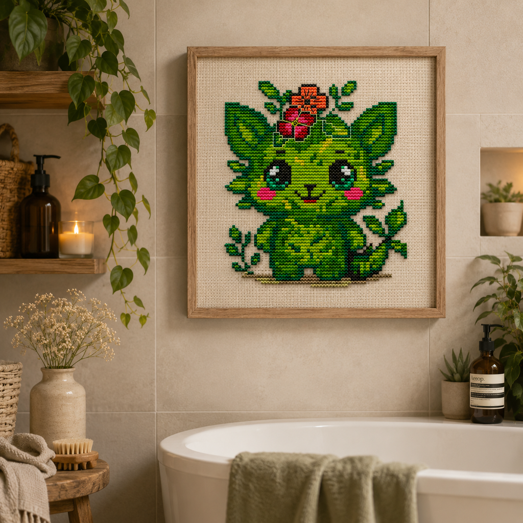 Sprout the Growing Beast botanical cross stitch embroidered on a linen lavender sachet bag, featuring a cute green forest spirit and nature inspired cottagecore embroidery design