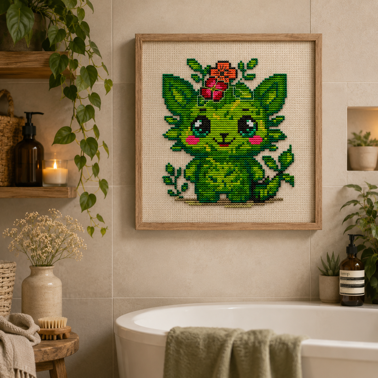 Sprout the Growing Beast botanical cross stitch embroidered on a linen lavender sachet bag, featuring a cute green forest spirit and nature inspired cottagecore embroidery design
