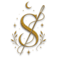 Stitchling gold logo featuring an elegant embroidery needle and decorative letter S, symbolizing handmade cross stitch patterns, fantasy stitching, creativity and artisan embroidery design