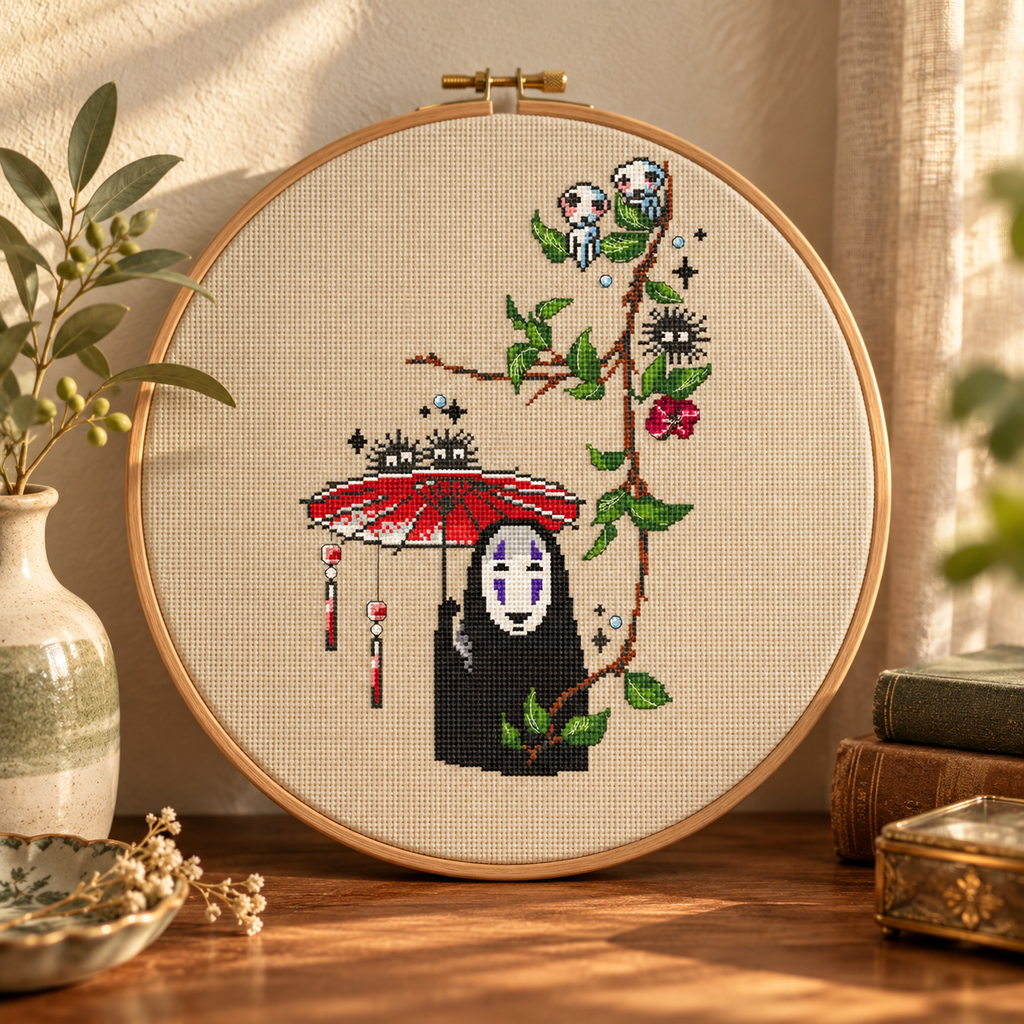 Tea with Spirits cross stitch in an oak hoop, featuring a masked figure beneath a red parasol, soot sprites, and a leafy branch, displayed on a sunlit wooden table.