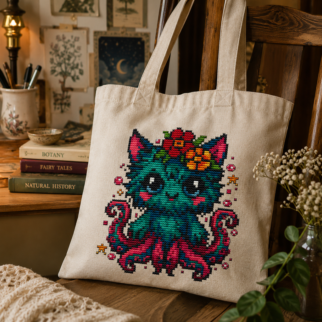 Tiki the Whispering Beast cross stitch pattern displayed on a tote bag, fantasy embroidery project and handmade gift inspiration
