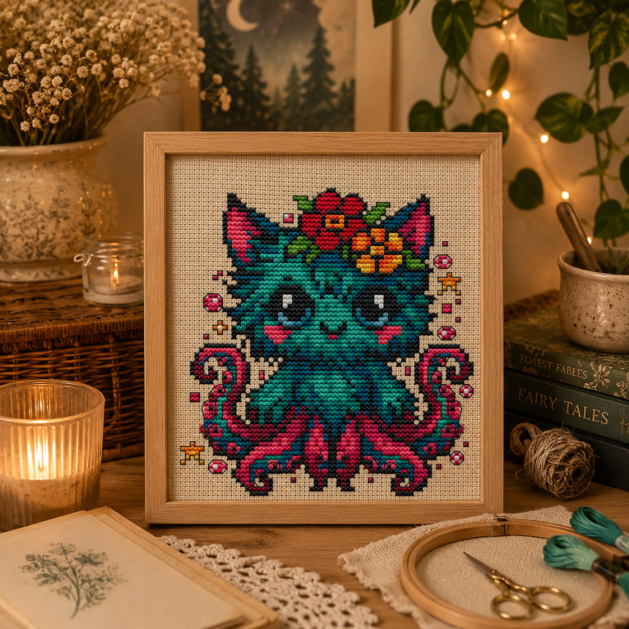 Colorful octopus cross stitch pattern featuring Tiki the Whispering Beast, framed fantasy embroidery artwork for home decor
