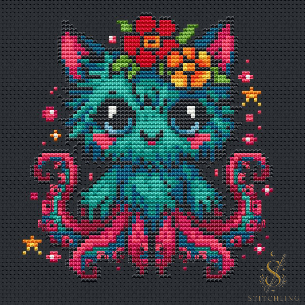 Tiki the Whispering Beast cross stitch pattern featuring a colorful fantasy octopus creature with flowers, counted cross stitch PDF design for fantasy embroidery lovers