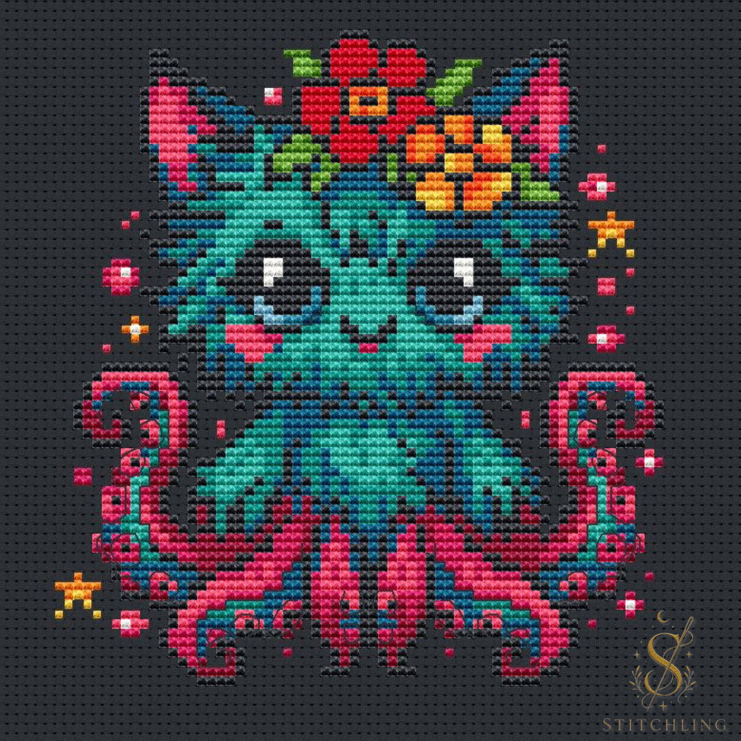 Tiki the Whispering Beast cross stitch pattern featuring a colorful fantasy octopus creature with flowers, counted cross stitch PDF design for fantasy embroidery lovers