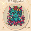Tiki the Whispering Beast cross stitch pattern PDF featuring a cute fantasy octopus creature with flowers and colorful tentacles, counted cross stitch design for fantasy lovers