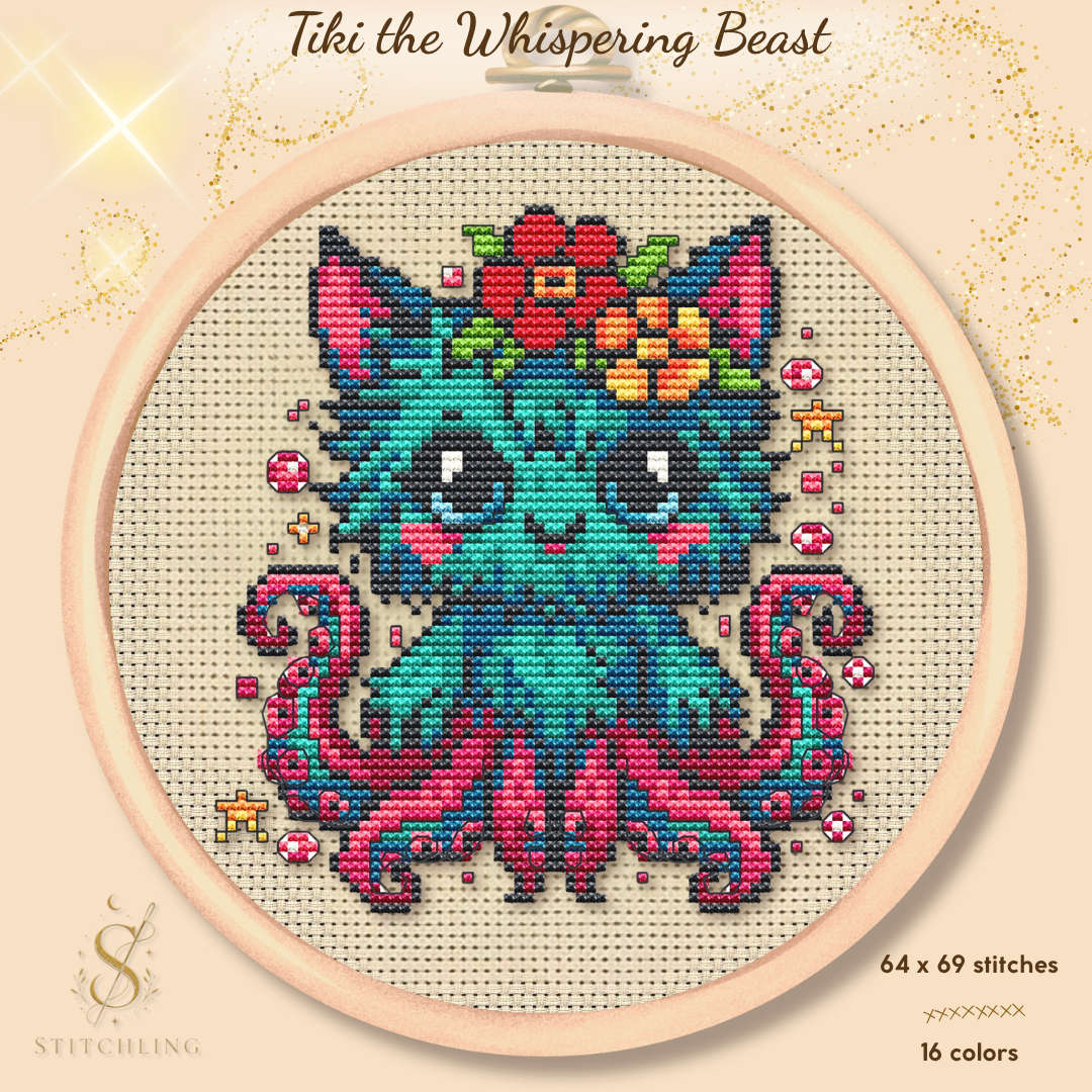 Tiki the Whispering Beast cross stitch pattern PDF featuring a cute fantasy octopus creature with flowers and colorful tentacles, counted cross stitch design for fantasy lovers
