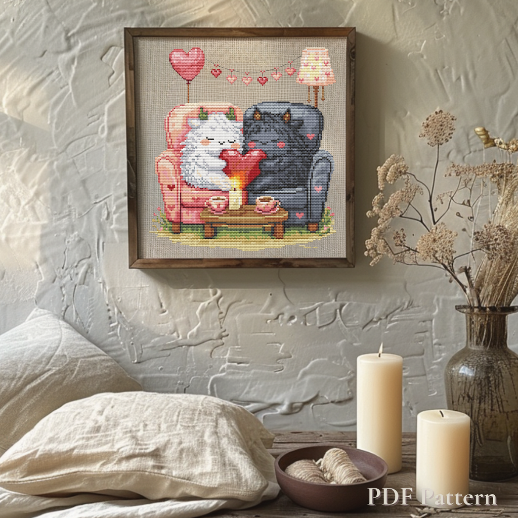 Valentines Day cross stitch wall decor featuring a fantasy creature couple holding a heart in a cozy bedroom setting